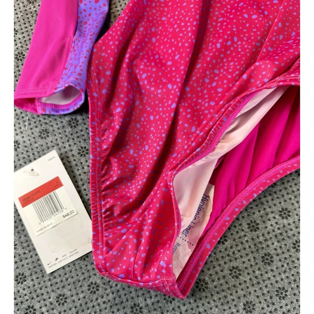 Nike Girls Long Sleeve One-Piece Swimsuit Pink Purple Water Dots Size L (14/16) - Picture 11 of 11